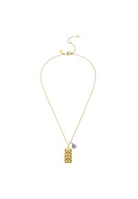 Collar en tono dorado con un colgante rectangular que presenta cortes ovalados y un pequeño charms decorativo. La cadena es delicada y tiene longitud ajustable.