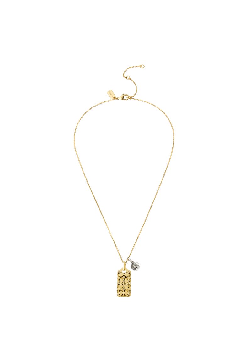 Collar en tono dorado con un colgante rectangular que presenta cortes ovalados y un pequeño charms decorativo. La cadena es delicada y tiene longitud ajustable.