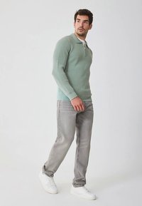 Ανοιχτό πράσινο ριμπ πλεκτό πόλο πουλόβερ με μακριά μανίκια και φερμουάρ τετάρτου, σε συνδυασμό με ανοιχτό γκρι τζιν και λευκά αθλητικά παπούτσια. Ομαλή υφή σε όλο το ύφασμα.