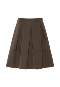 Hnědá skladaná sukně s přiléhavým pasem, měkká tkanina a rozšířený střih. Jednoduchý design bez dalších vzorů nebo ozdob.