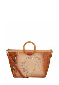 Braune und beige Handtasche mit rundem Griff, abnehmbarem Riemen, Friedenssymbol und den Worten „Anekke“, „Love“, „Hippie Soul“ und „Peace“ in Nieten.