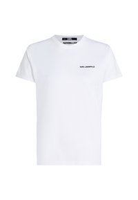 Hvit bomull T-skjorte med korte ermer og rund hals. Liten svart "KARL LAGERFELD" logo på venstre bryst. Enkel design.