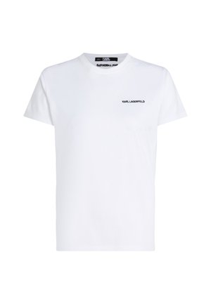 White cotton t-shirt featuring short sleeves and a crew neckline. Small black "KARL LAGERFELD" logo on the left chest. Simple design.