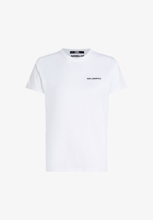 White cotton t-shirt featuring short sleeves and a crew neckline. Small black "KARL LAGERFELD" logo on the left chest. Simple design.