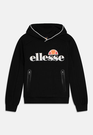 Zwarte hoodie met witte bies, capuchon met trekkoord, groot logo en twee zijzakken met rits. Zachte stof met geribbelde manchetten.