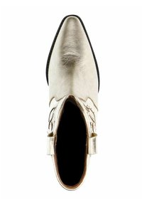 Bottine métallique dorée avec un bout pointu, tige en cuir lisse, couture sur le côté et semelle en caoutchouc noir. L'intérieur est sombre et dépouillé.