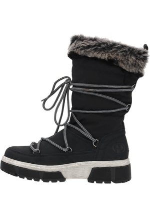 Schwarzer Winterstiefel mit Kunstfellkragen, strukturiertem Gummisohle und Schnürdesign. Verfügt über elastische Kordeln und eine gepolsterte Mittelsohle.