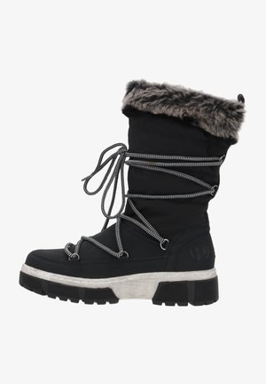 Schwarzer Winterstiefel mit Kunstfellkragen, strukturiertem Gummisohle und Schnürdesign. Verfügt über elastische Kordeln und eine gepolsterte Mittelsohle.