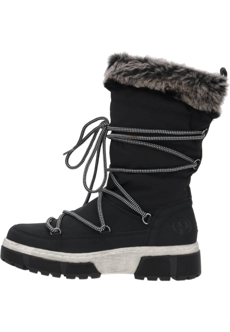 Stivaletto invernale nero con colletto in pelliccia artificiale, suola in gomma texture e design con lacci. Presenta cordini elasticizzati e una suola intermedia ammortizzata.