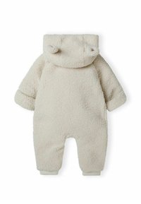 Crème-kleurige fleece sneeuwpak met een capuchon, voorzien van ronde oordetails, lange mouwen en elastische manchetten bij de enkels. Zacht, textuurmateriaal.