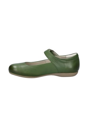 Green leather Mary Jane flat shoe with a round toe, adjustable strap, and a flexible light brown sole. Smooth texture and minimal detailing.