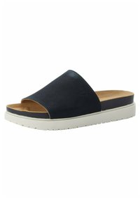 Navy slip-on sandal made of soft suede with an open toe design, featuring a tan leather insole and a white rubber sole with traction.