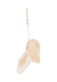 Plush rabbit toy with long floppy ears, cream and light brown fur, suspended by a looped strap, features a soft, fluffy texture.