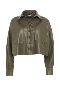 Giacca a camicia in pelle verde oliva tagliata, con colletto, chiusura frontale con bottoni, due tasche sul petto e maniche lunghe. Tessuto liscio.