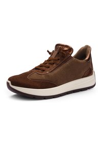 Brown suede and leather sneaker with brown laces and white sole, angled to show outer side and front.