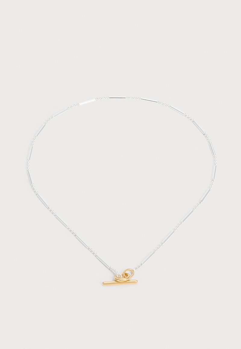Collier délicat à chaîne en argent avec un fermoir à bascule doré, présenté sur un fond clair.