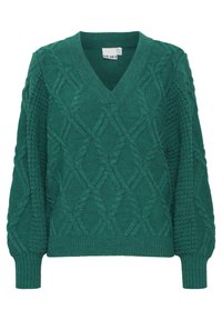 Pull en tricot vert avec un col en V, des motifs texturés et des poignets côtelés. Conçu avec une coupe ample et des motifs de tricot en câble détaillés.