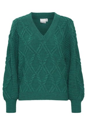 Pulover verde tricotat, cu decolteu în V, modele texturate și manșete cu nervuri. Proiectat cu o croială boxy și modele detaliate de tricotaj în cablu.