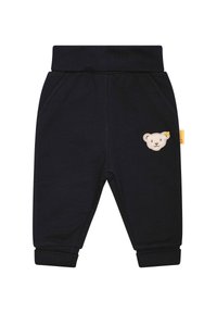 Marineblaue Baumwoll-Jogginghosen mit elastischem Bund, seitlichen Taschen und einer Bärenkopf-Stickerei am linken Bein. Bündchen an den Knöcheln.