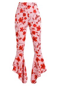 Uitlopende roze broek met een bloemenpatroon met rode bloemen en groene stelen. Gemaakt van een soepele, lichte stof.