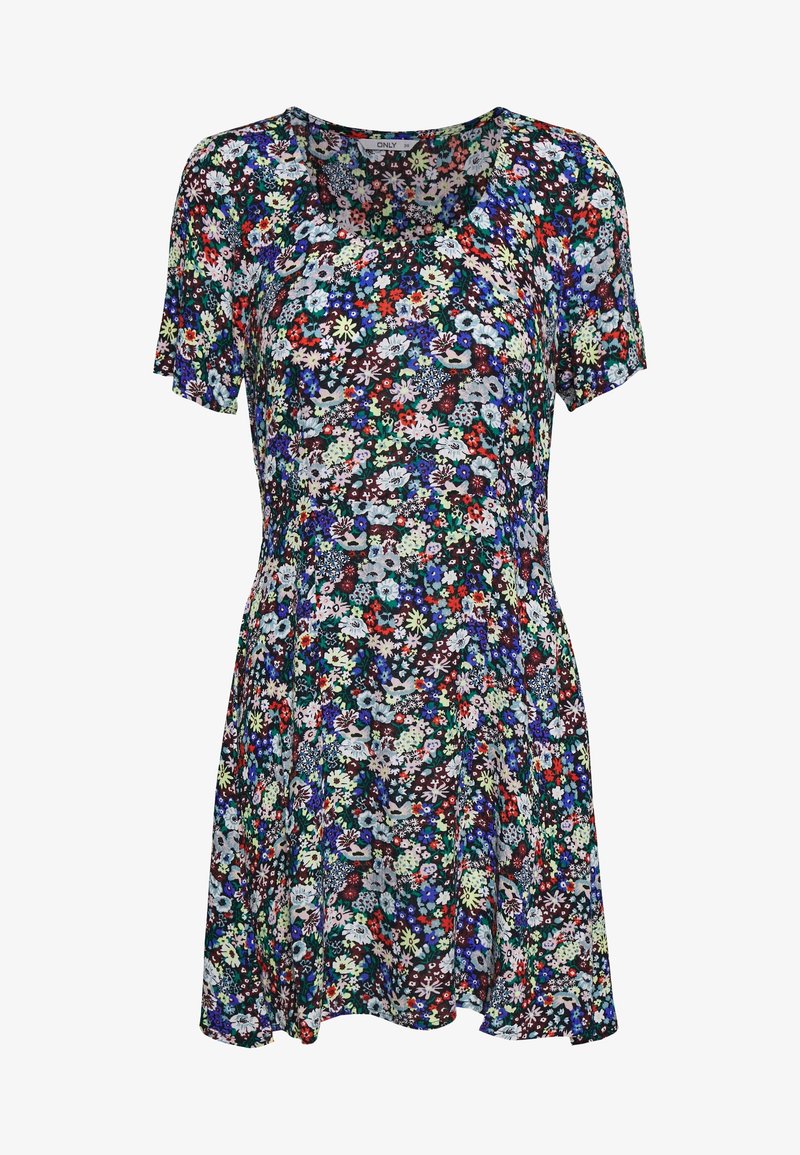 Robe à manches courtes avec encolure ronde, jupe évasée et motif floral multicolore dense sur fond sombre.