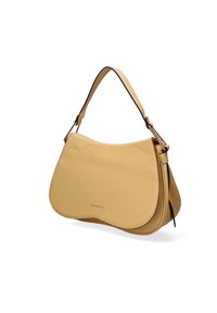 Sac à épaule en cuir jaune de forme courbée, avec une texture lisse et un bord noir contrastant. Bandoulière ajustable et détails de marque minimalistes.