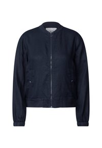 Marinblå bomberjacka med dragkedja framtill, elastiska ärmmuddar och två sidofickor; tillverkad av lätt tyg med en mjuk yta.