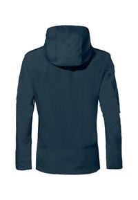 Giacca a vento blu navy con cappuccio, caratterizzata da una texture liscia, taglio dritto e tasche con zip su entrambi i lati.