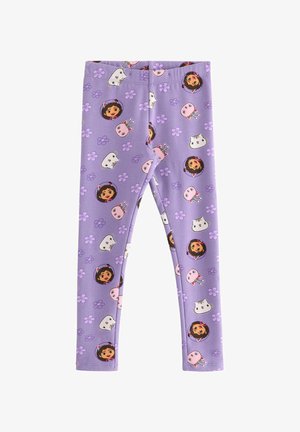 Children's lavender leggings with all-over cartoon characters including a girl with cat ears, white cats, pink bunnies, and small flowers.