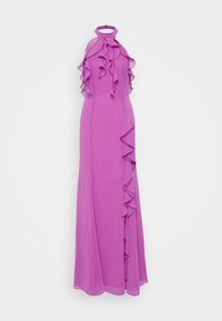 Long, fuchsia dress with a halter neckline, featuring cascading ruffles along the front and side, made from lightweight, flowing fabric.