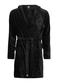 Black velour bathrobe with front pockets, belt, and hood. Features a textured finish and CR7 logo on the left side. Size M.
