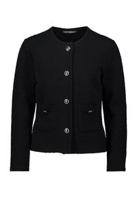 Czarna, teksturowana kurtka damska z długimi rękawami, okrągłym dekoltem, czterema srebrnymi zapięciami na guziki oraz dwiema przednimi kieszeniami z dekoracyjnymi guzikami.