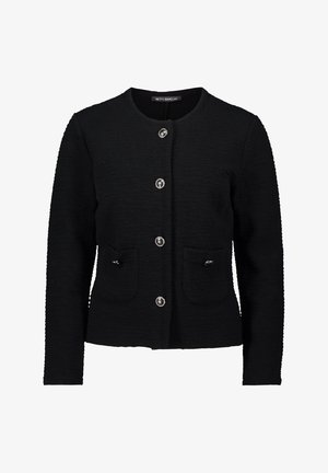 Black textured women's jacket with long sleeves, round neckline, four silver button closures, and two front pockets with decorative buttons.