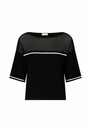Top in maglia nera con maniche corte, pannello superiore trasparente, accentuazione a righe bianche sul busto e texture a coste ai polsini delle maniche.