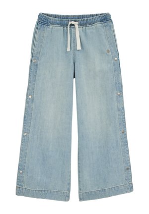 Hellblaue Jeanshose mit weitem Bein, elastischem Bund und Kordelzug. Verfügt über Druckknöpfe an den Seitenähnen für eine verstellbare Passform. Glatte Textur.