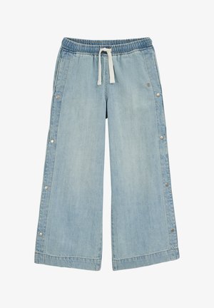 Világoskék farmer széles szárú nadrág elasztikus derékpánttal és húzózsinórral. Oldalsó varratokon patentokkal az állítható illeszkedés érdekében. Simább textúra.