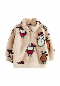 Fleece pulóver s polovičným zipsom, béžovej farby, s vianočnými motívmi Santa Clausa, snehu a soba v čiernych a červených akcentoch.