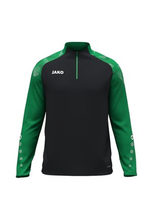Sweat-shirt de sport à manches longues avec devant noir et manches vertes, avec une fermeture éclair quart verte et un logo JAKO blanc sur la poitrine.