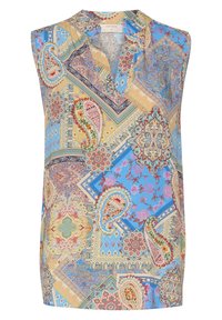Bezrękawnik z dekoltem w serek w wielokolorowy wzór paisley i patchwork w odcieniach niebieskiego, żółtego, różowego i kremowego.