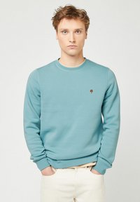 Felpa azzurra chiara realizzata in tessuto morbido, con scollatura rotonda e maniche lunghe, decorata con un piccolo logo ad albero marrone sul petto.