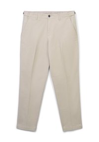 Pantaloni dritti beige con chiusura a bottone, passanti per cintura, tasche laterali e bottoni laterali regolabili in vita.