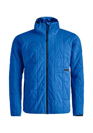 Blue quilted jacket with a high collar and a full front zipper. Features triangular stitching patterns and a black chest logo.