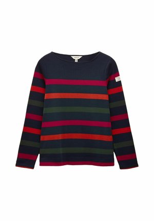 Langärmeliger marineblauer Pullover mit horizontalen Streifen in Rot, Orange, Grün und Magenta, mit einem kleinen Etikett am linken Ärmel.
