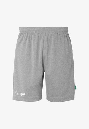 Grijze sportshorts gemaakt van zachte stof, voorzien van een elastische tailleband en het "Kempa"-logo in het wit gedrukt op het linkerpand.