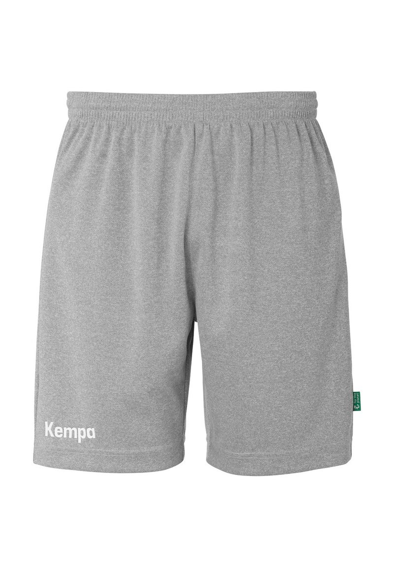 Graue Sportshorts aus weichem Material, mit einem elastischen Bund und dem in Weiß auf dem linken Bein aufgedruckten "Kempa"-Logo.