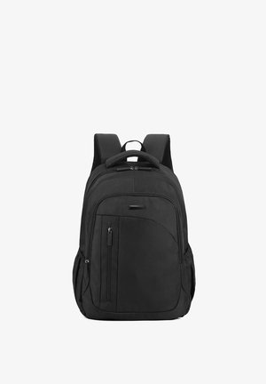 Zaino nero realizzato in tessuto testurizzato, dotato di spallacci imbottiti, manico superiore, tasca frontale con zip e tasche laterali in mesh.