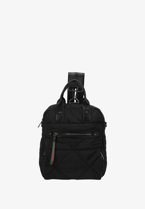 Mochila de nylon acolchado negra con detalles en cuero negro, asas superiores y un bolsillo frontal con cremallera que presenta una lengüeta de tira de color.