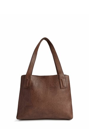 Brun læder tote taske med glat tekstur, flad bund og robuste hanke. Har et minimalistisk design og en struktureret form.