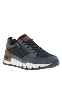 Baskets bleu marine présentant un mélange de tissus texturés, d'accents en cuir et d'un détail zippé sur le côté. Semelle rembourrée pour un confort optimal.