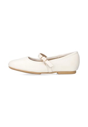 Bailarinas de cuero blanco con puntera redondeada, una única correa en medio del pie sujeta por una hebilla dorada y una suela plana de goma marrón.